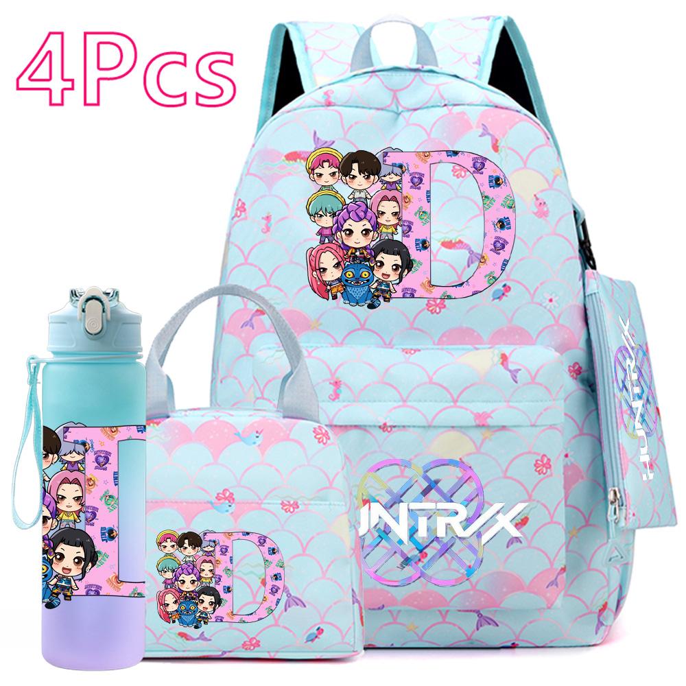 4 st/set 26 engelska bokstäver K-POP Tryckt Ryggsäck med Handväska Pennfodral 750 ml Vattenflaska för Tonåring Elev Pojke Flicka Stor Kapacitet Skolväska