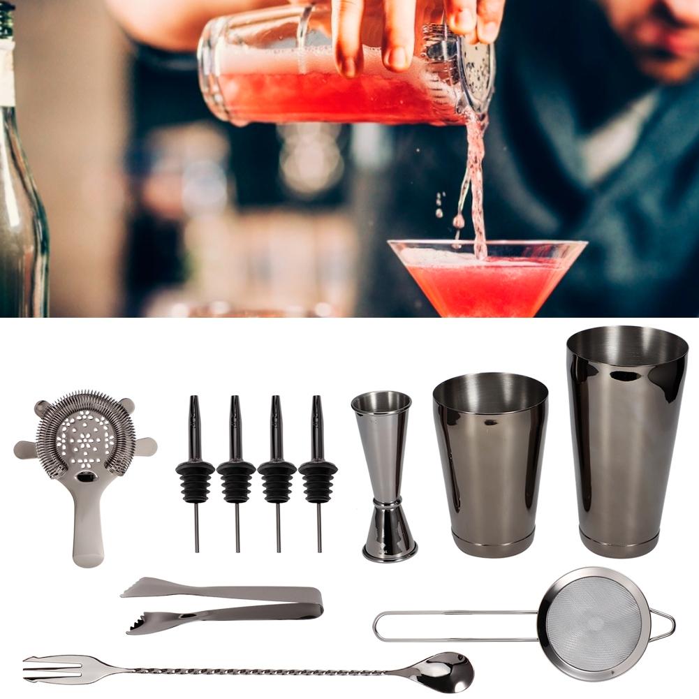 11-teiliges/Set Multifunktions-Cocktailshaker-Werkzeugset aus Edelstahl Bar Barkeeper Zubehör Schwarz