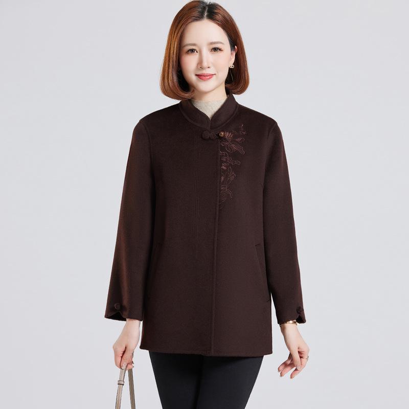 Mom's Embroidered Cashmere Coat for Women - Fashionable Autumn/Winter Wool Overcoat for Middle-Aged and Elderly Ladies