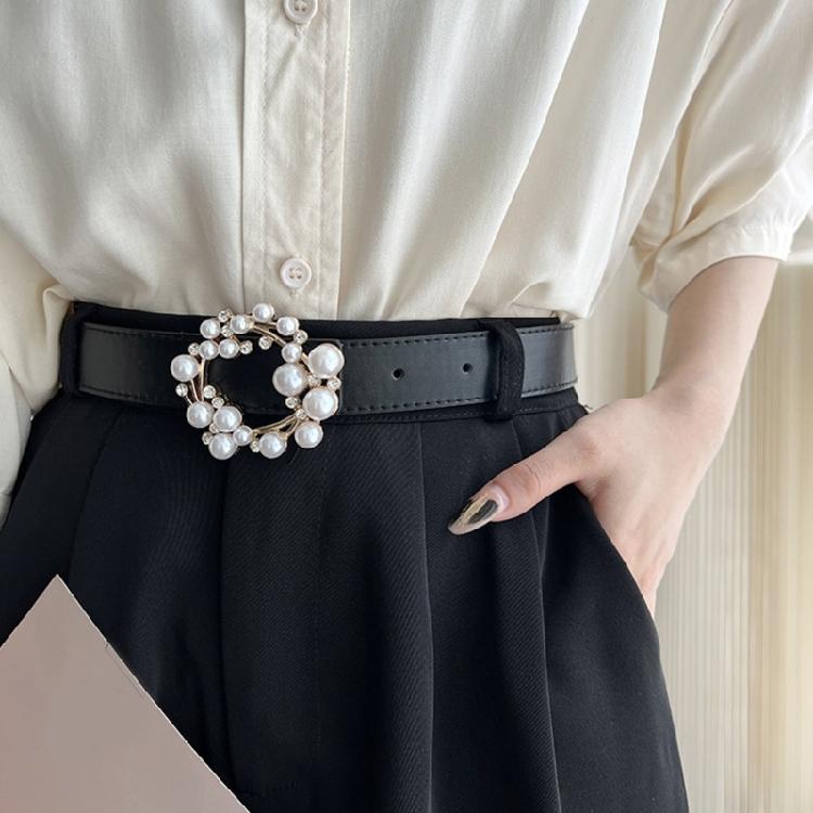 Luxurious Waist Belt with Pearl Circle Pin Buckle for Woman Jeans Skirt Decors