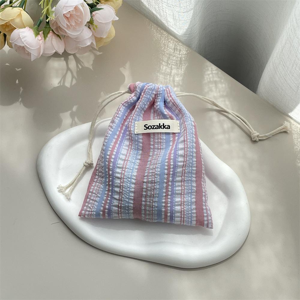 Cute Striped Polyester Drawstring Pouch Travel Makeup Organizer Bag for Cosmetic Lipstick Key Credit Card Holder Case Coin Purse