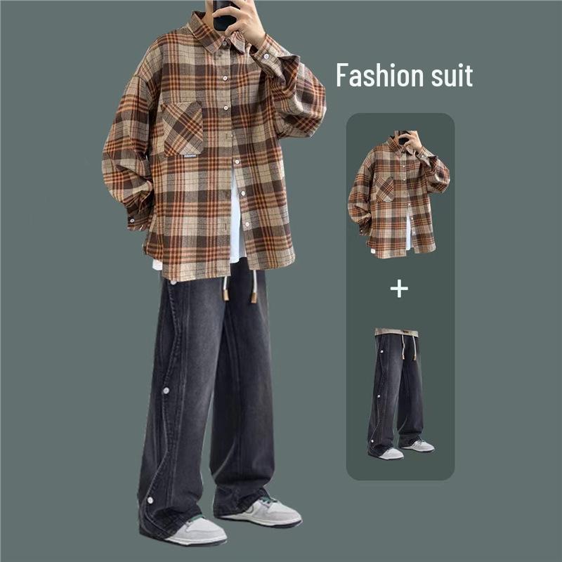 Men's Hong Kong Style Plaid Shirt Autumn Set - High-End Teen Cool & Handsome Outfit
