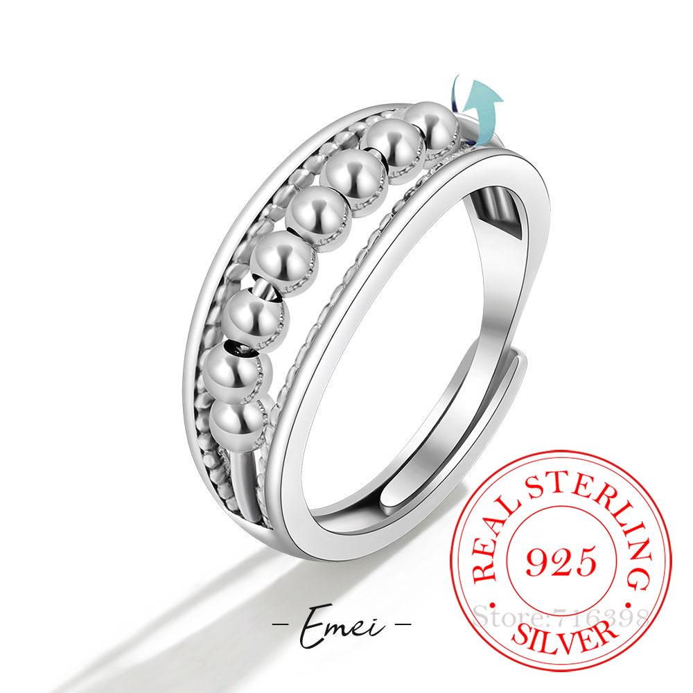 

925 Sterling Silver Simple Dot Beads Ball Open Finger Rings For Women Decompress Antidepressant Spin Ring Money 925 One Size