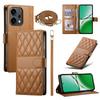 For Oppo Reno14 5G (Global) Case Rhombus Stitching Wallet Stand Leather Phone Cover with Long/Short Strap