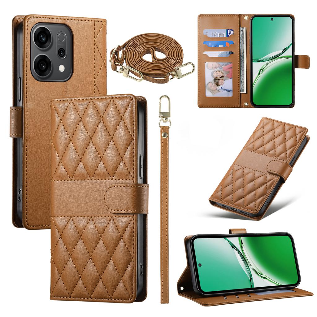 For Oppo Reno14 5G (Global) Case Rhombus Stitching Wallet Stand Leather Phone Cover with Long/Short Strap