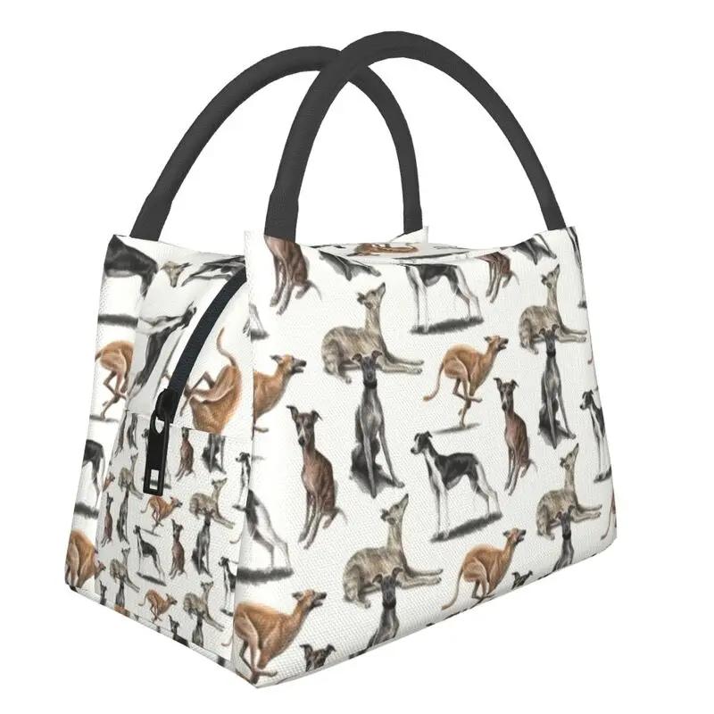 Urocze czarne charty termicznie izolowane torby na lunch damskie Whippet Dog przenośna torba na lunch na piknik na świeżym powietrzu pudełko na jedzenie