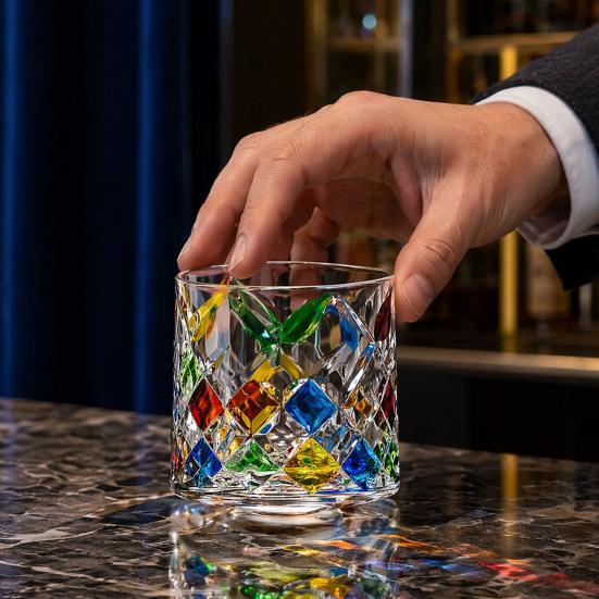 Rotating Whiskey Glass, Hand Painted Swivel Tumbler with 360-degree Spinning Base, Faux Crystal Liquor Glass Cup for Home Bar