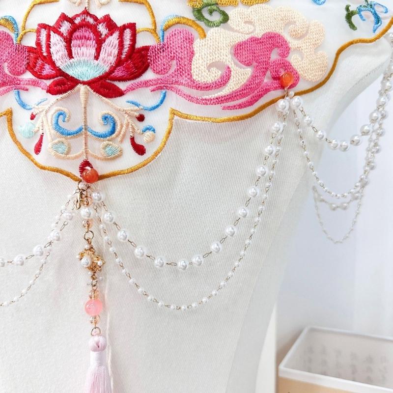 Kids Girl Goldfish Embroidered Beaded Tassels Detachable Collar Traditional Chinese Shawl Capelet Skirt Dress Decoration