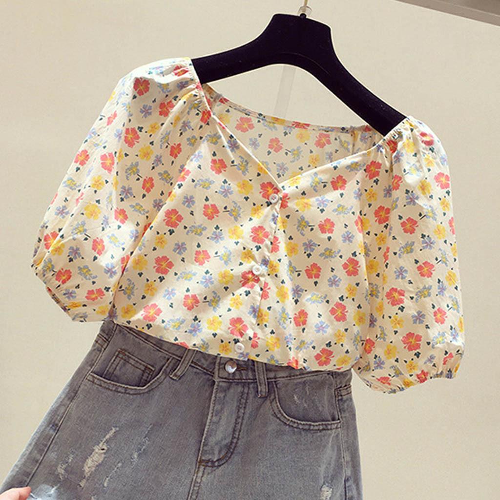 Fashion Womens Button Puff Short Sleeve Square Collar Printed Ladies Tops Shirts