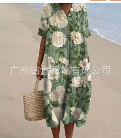 New Loose Casual Comfortable V-neck Digital Printing Pleated Large Version Dress