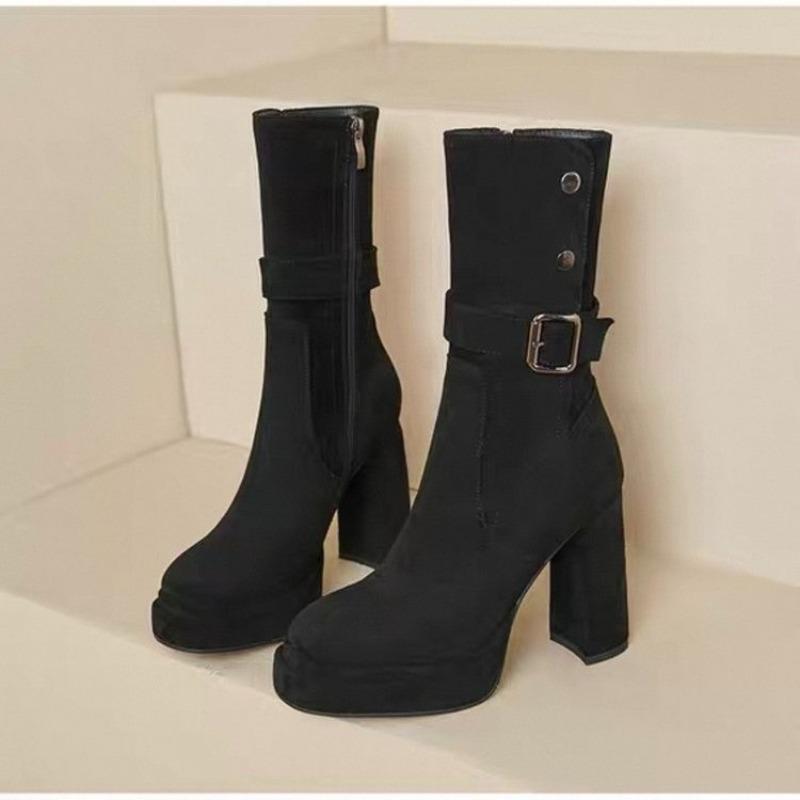 Fashion Super High Platform Round Toe Block Heel Platform Apricot Stretch Mid-leg Boots for Women