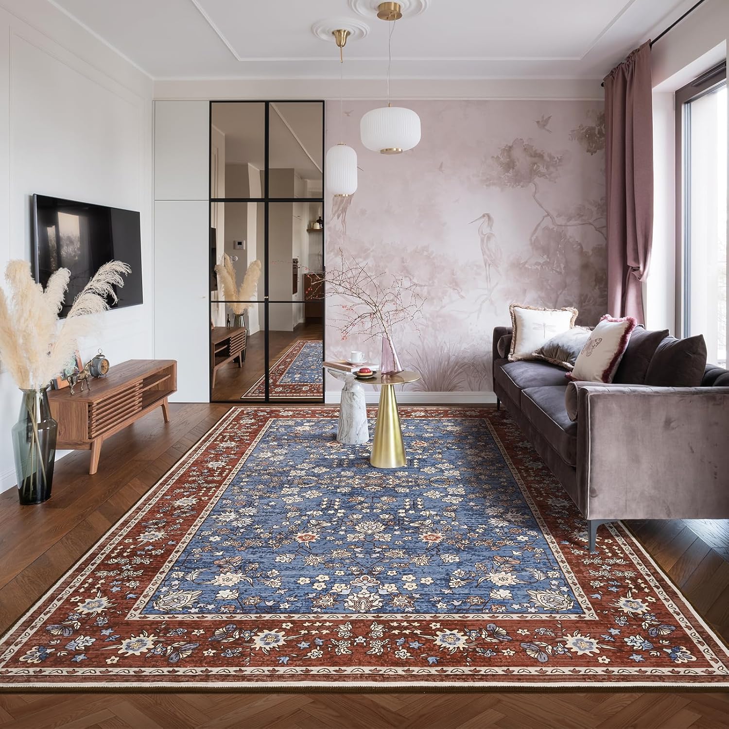 

Area Rugs, Washable Rugs for Living Room Vintage Floral Print Bedroom Rug Soft Low Pile Non Slip Carpet for Living Room 122cmx183cm синій