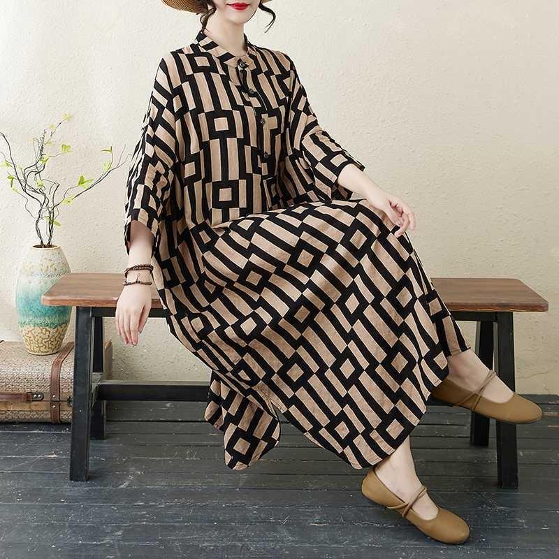 2025 Printed Stand Neck Loose Extra-Large Size Vacation Dress