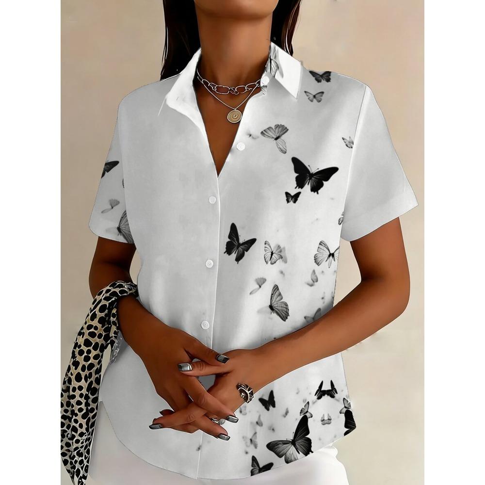 

Plus Size, Women s Size Short Sleeve Button- Shirt with Butterfly Print Lapel Collar - Casual Summer Blouse S
