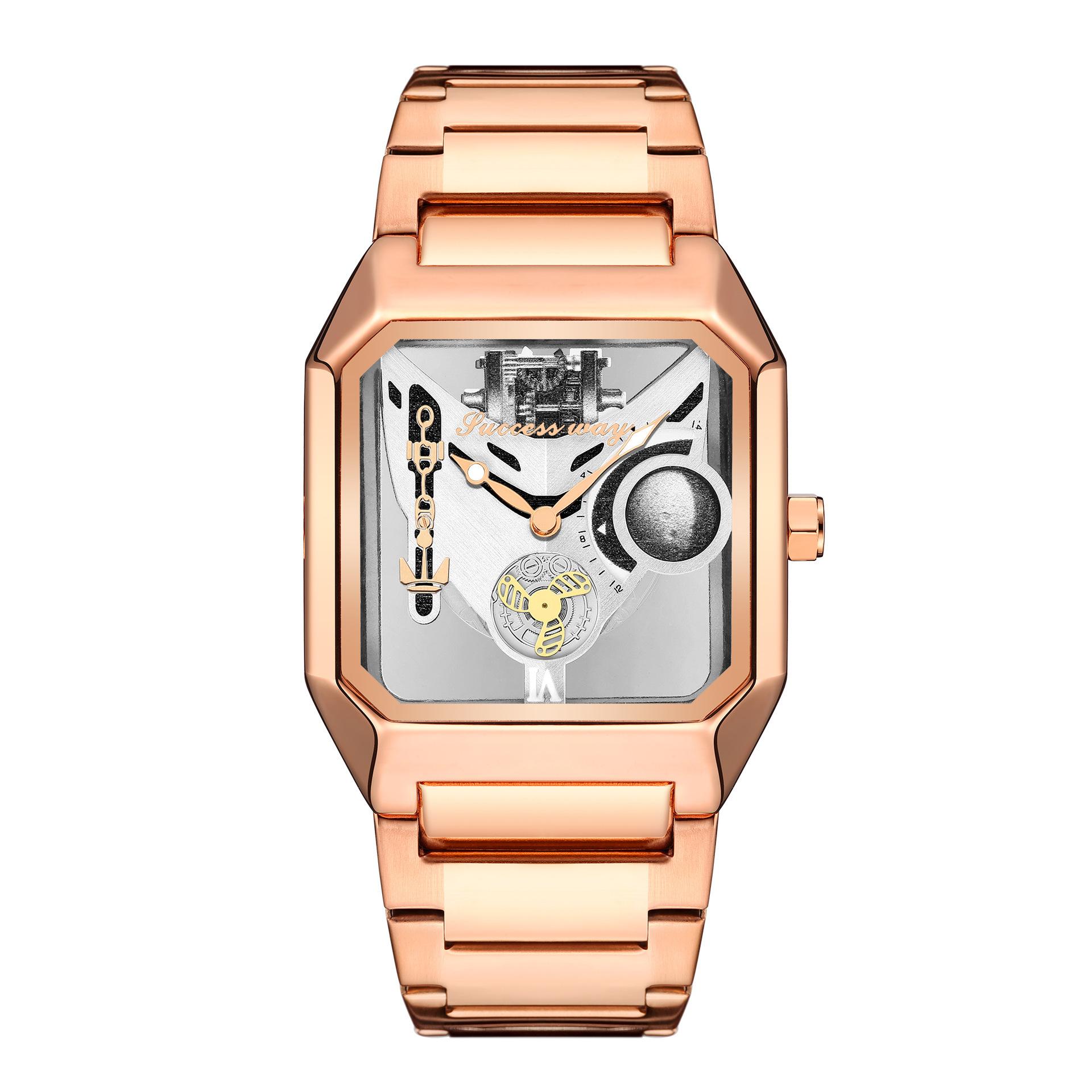 

Double-Sided Transparent Hollow Non-Automatic Mechanical Watch Men S Watch Trend Watch Men S Waterproof Luminous Quartz Watch Shake рожевий колір золота