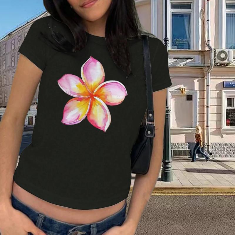 

Модная женская футболка с минимально цветным цветочным принтом, забавная повседневная футболка с круглым вырезом и короткими рукавами, летняя женская футболка 8XL чёрный