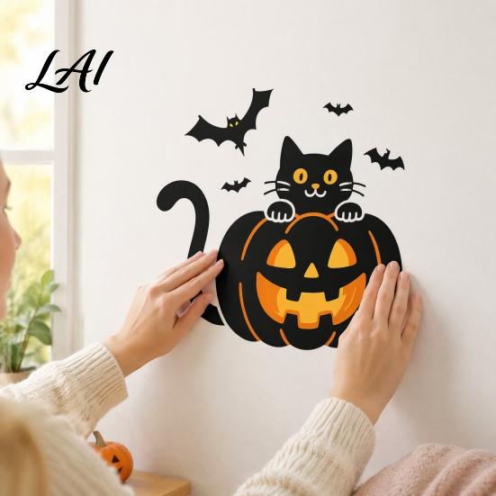 Decorative Bats Stickers for Indoor Outdoor Halloween Pumpkin Wall Sticker Black Cat On with Flying Decal Weatherproof Decor Balcony Waterproof Peel
