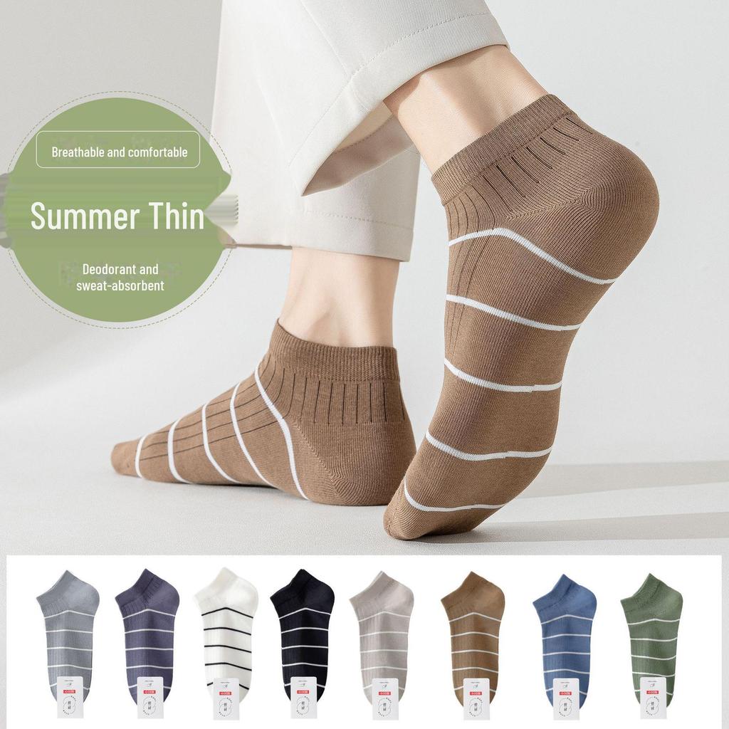 Men's Breathable Cotton Striped Crew Socks - Antibacterial, Deodorant, Sweat-Absorbent for Casual Sports, Spring & Autumn.