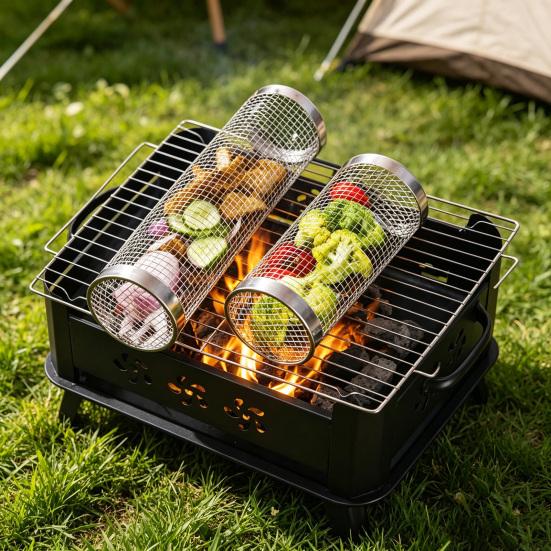 Drehbarer Grillkorb mit Holzgriff, Edelstahl-Zylinderkäfig für Camping, Antihaft-Outdoor-Kochwerkzeug