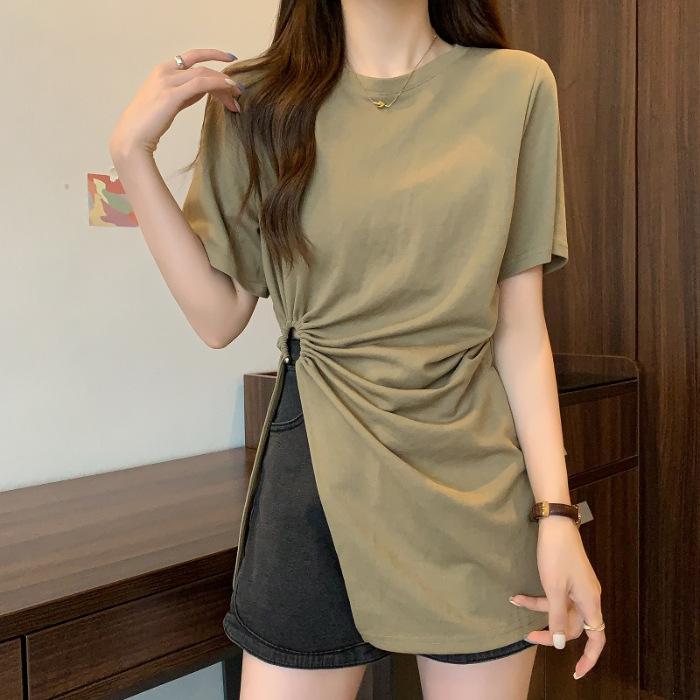 

Large size irregular split short-sleeved t-shirt women s summer fat mm thin belly cover design sense front shoulder medium and long top S армия зеленый
