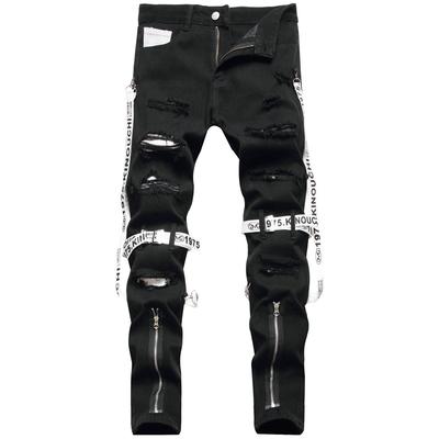 European And American Zipper Punk Style Non Elastic Casual Mid Waist Pants, Washed Cotton Men'S Black Jeans