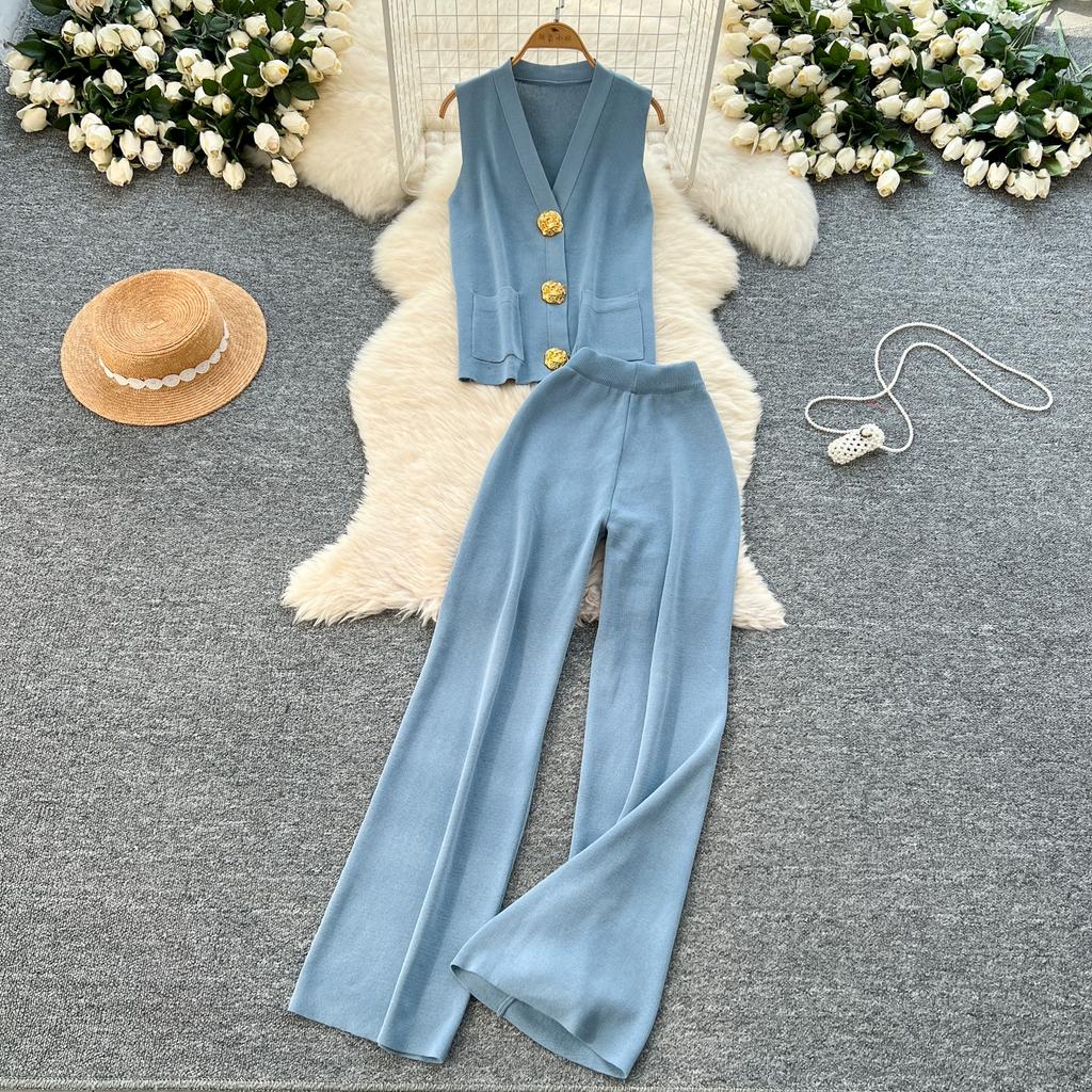Summer Women Knitted Sweater Tracksuit Sleeveless Big Gold Button Tank Vest Tops and Wide Leg Pant Two Piece Set