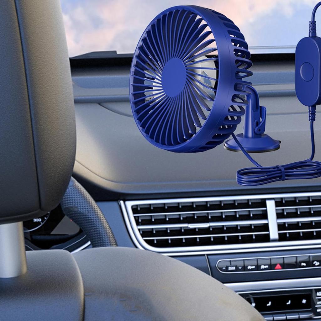 USB Car Fan 12V 24V Suction Cup Mount Rotatable 3 Speed Adjustable  Circulation Fan for RV Sedan Home Truck SUV, Blue