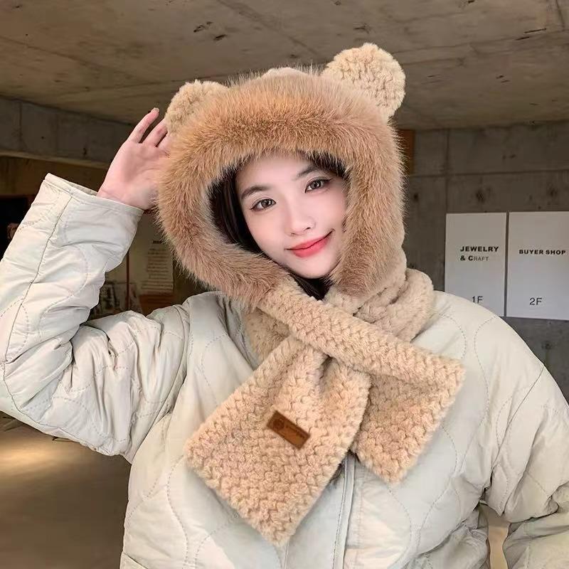 Warm versatile bear ears hat scarf integrated women's winter windproof plush thickened plush scarf