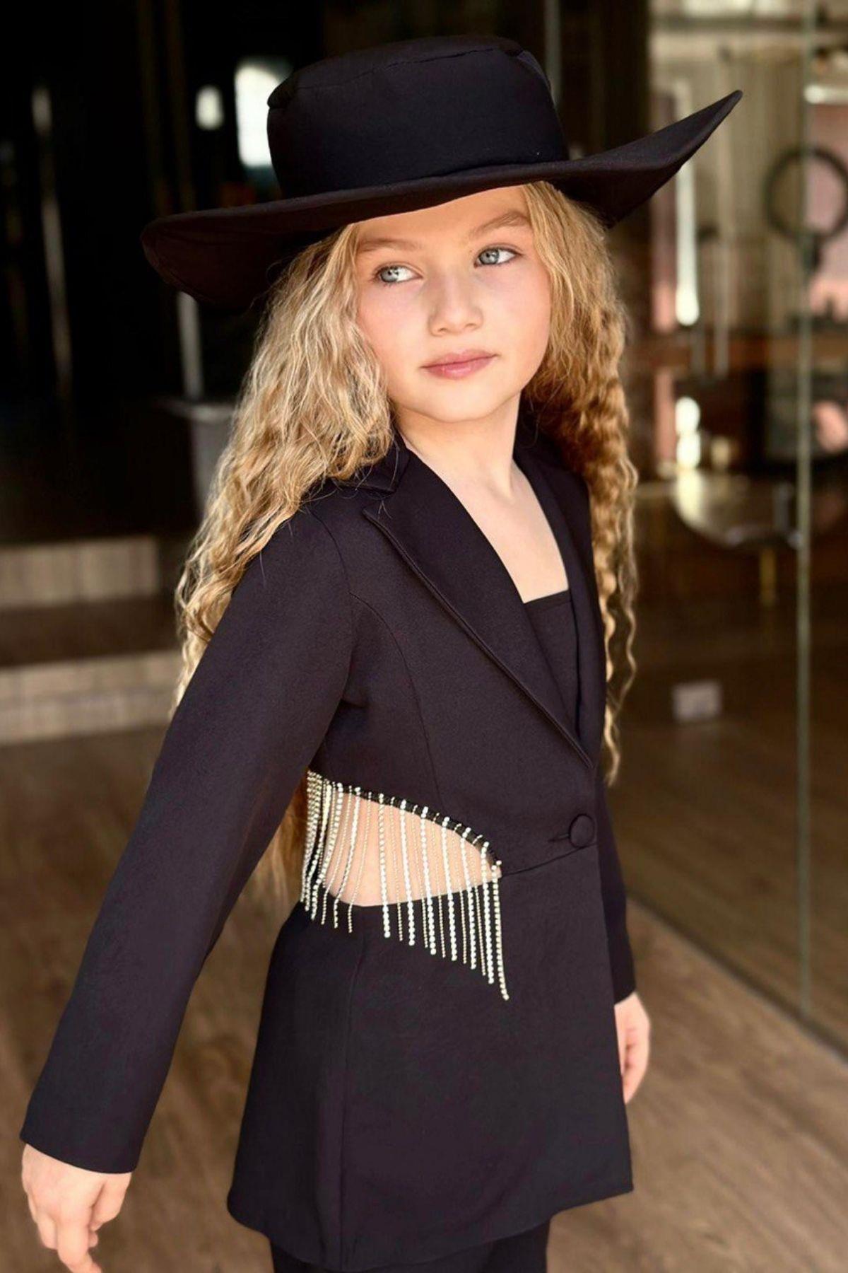 

Пиджак с вырезом на талии и спине для девочки, пиджак с бахромой, укороченный комплект и брюки, черный топ