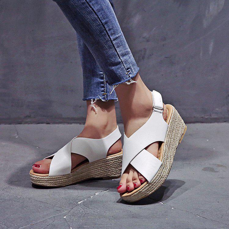 Wedge heel fish mouth shoes high heel women open toe magic tape cross sandals