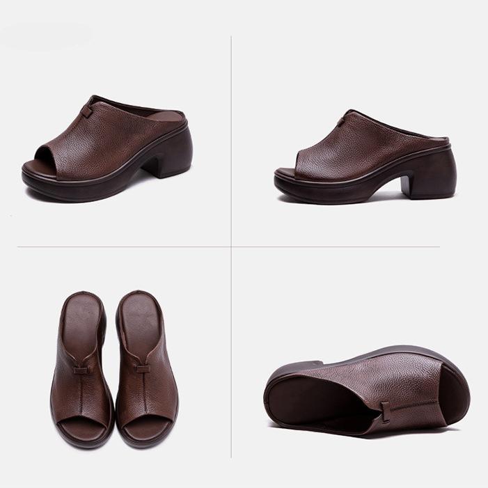 Johnature Sandalias retro de piel auténtica con suela gruesa y punta abierta, zapatos casuales y cómodos para mujer