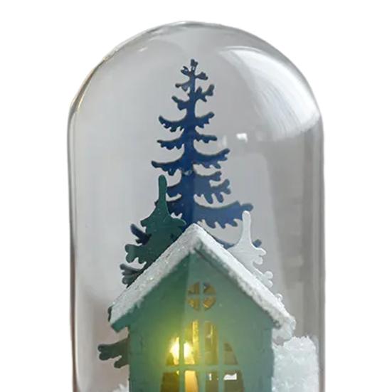 Christmas Dome Glass Ornament LED Light Up Reindeer Christmas Tree Little Church in Cloche Tabletop Decoration for Indoor Room Desktop Decor