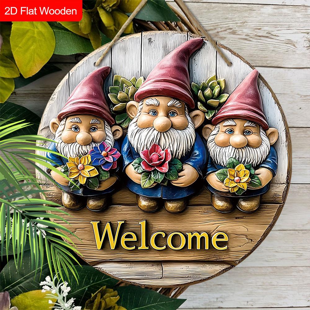 Wooden Welcome Sign with Adorable Gnome & Lavender Pattern - Round Artwork for Front Door, Wall Hanging Decor - Ideal Home Decoration