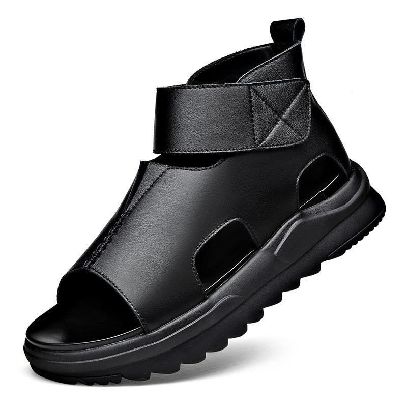 Men s Genuine Leather Velcro Beach Sandals – Trendy Roman Style, Soft Sole, High-Top Comfort 43 чёрный