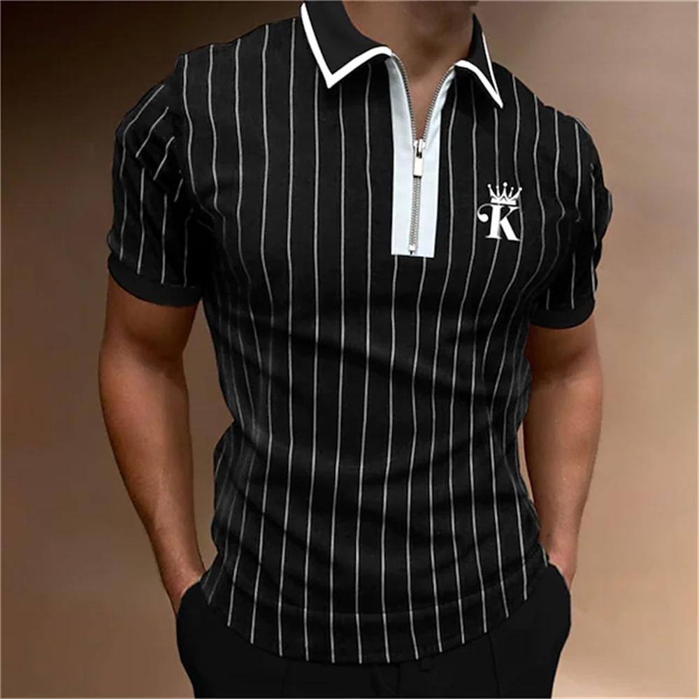 Men's king printed short sleeved polo shirt, high-quality casual zipper T-shirt, summer clothing