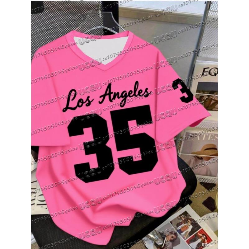 Sommer Modisch NR.35 Print Los Angeles V-Ausschnitt Damen Basic T-Shirt Locker und Bequem Kurzarm T-Shirt Tops Tee