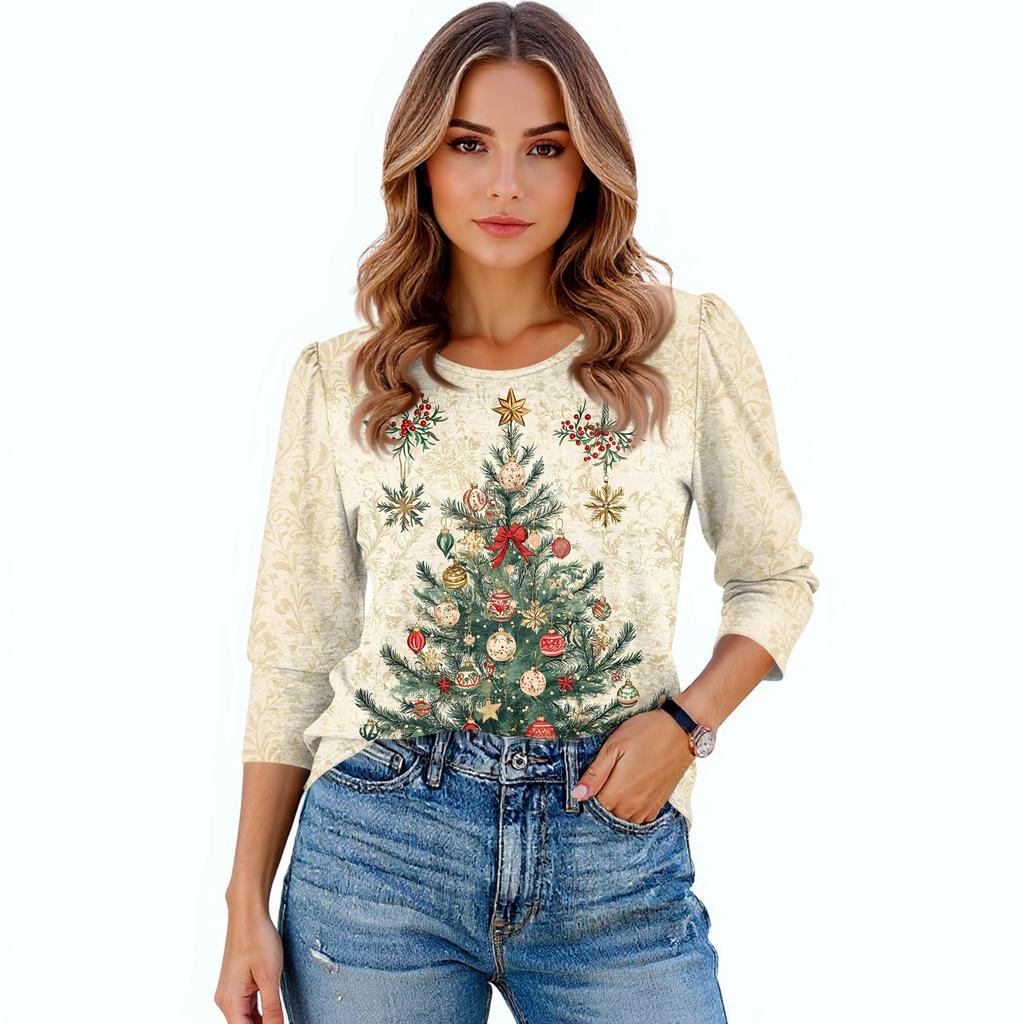 Women's Fashion Casual 3/4 Christmas Print Color Shirt Women's Round Neck Tops