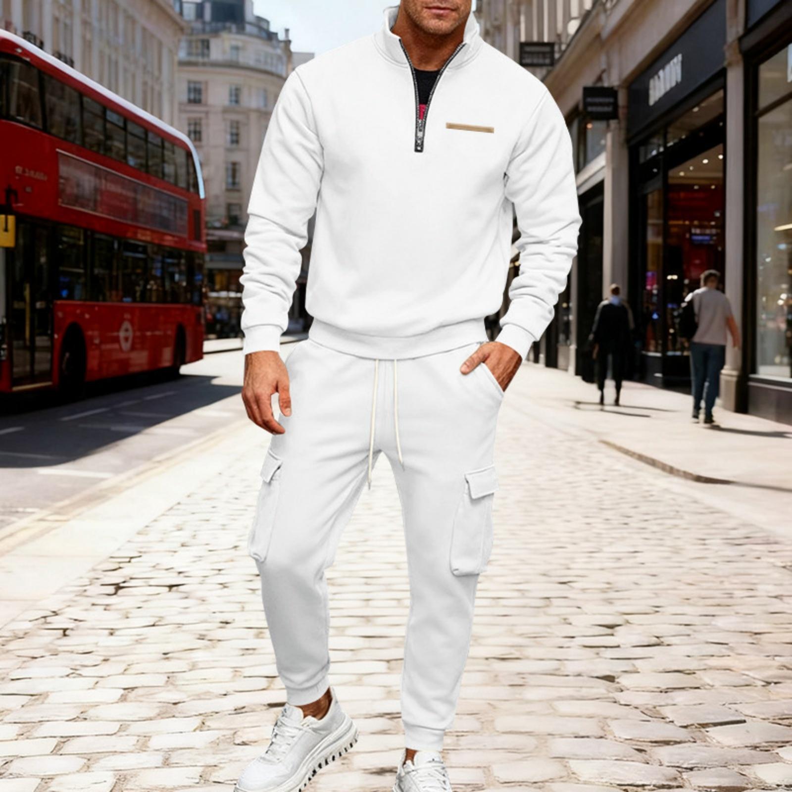 

Мужской зимний флисовый свитшот на молнии с несколькими карманами, комплект из 2 предметов, персонализированные спортивные штаны L белый