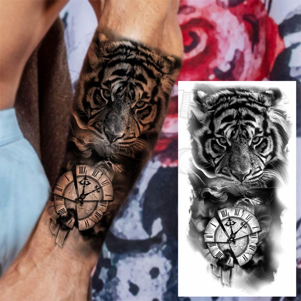 1 Sheet Lion Wolf Skeleton Nun Tiger Black Temporary Tattoos For Men Adult Leg Arm Compass Flower Fake Tattoo Sticker Waterproof