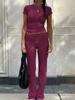Women's Casual Workout Two-piece Set - Round Neck T-shirt & Low-waisted Flared Pants