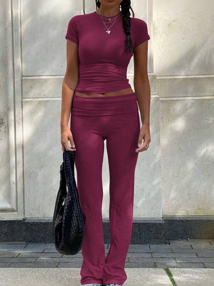 Women's Casual Workout Two-piece Set - Round Neck T-shirt & Low-waisted Flared Pants