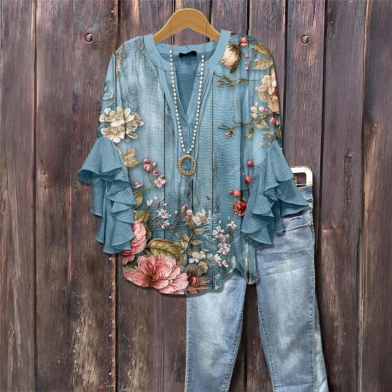 Women Shirt V-Neck 3/4 Ruffle Sleeves Floral Print Anti-Wrinkle Bohemian Blouse Loose Fit Ultra Lightweight Beach Shirt