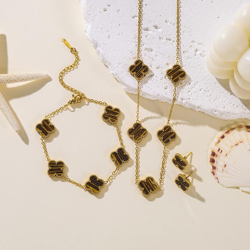 Set da 3 pezzi in acciaio al titanio, resistente allo sbiadimento, a doppia faccia, con quadrifoglio, moda donna, elegante, lusso leggero, collana per clavicola e braccialetto