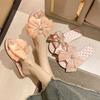 Fashion Premium Sense Satin Womens Slippers 2025 Summer New Home Soft-Soled Open-Toed Sandals Bow Sweet Wind One-Word Slippers Women