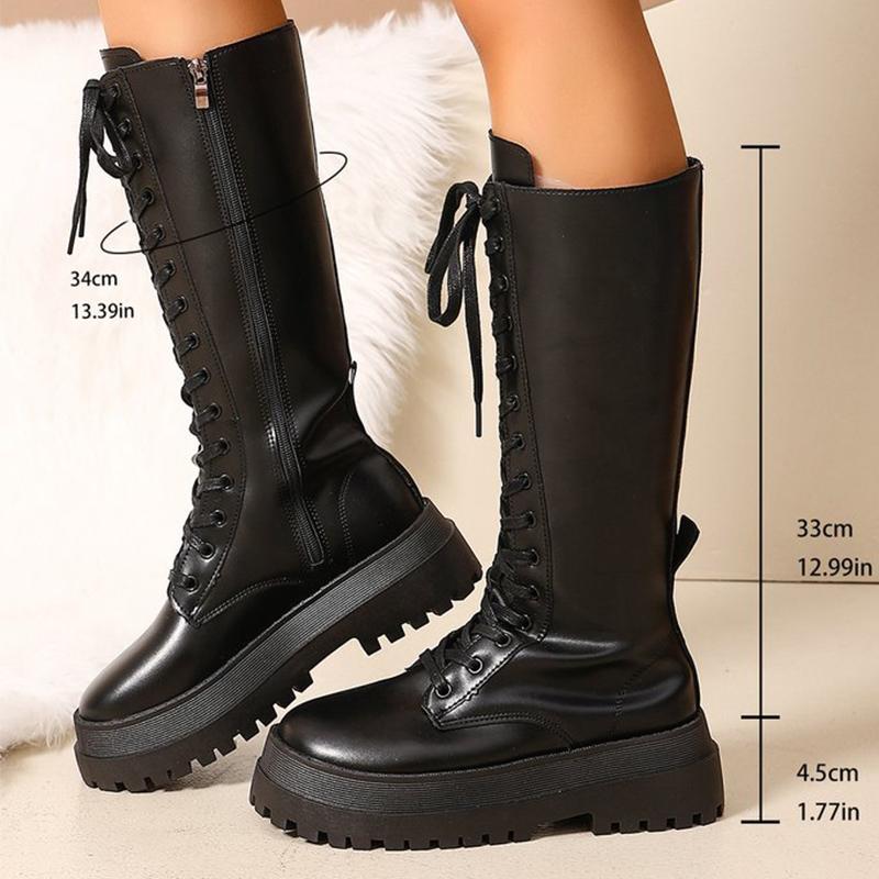 Motorcycle Thick Bottom Boots Women Spring Autumn Punk Zipper Up Knee High Boots Woman Lace Up Black Pu Leather Botas Female