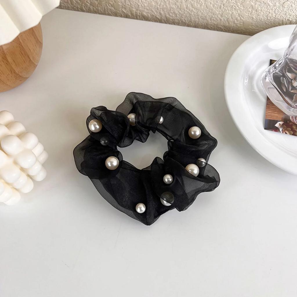 1PC Elegant Organza Scrunchies with Pearls, Women's Stylish Hair Accessories, Must - Have Hair Grips Hair Tie