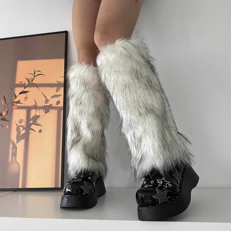 Fuzzy Faux Furs Leg Warmers Furs Heels Long Boots Cuffs Cover Has Elastic One Pair Carnivals Boot Cover Y2K JK Uniform
