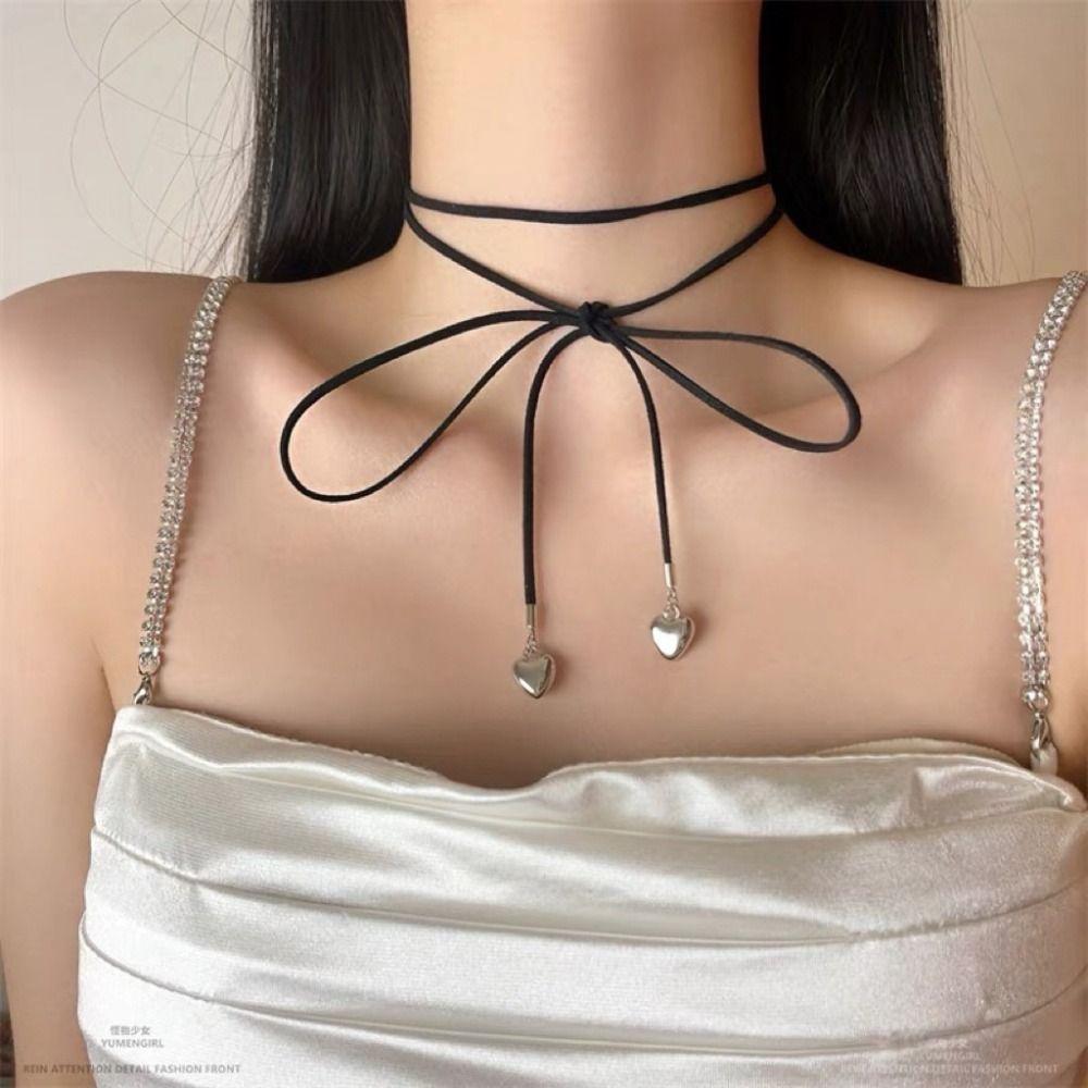 

Adjustable Chain Heart Pendant Necklace Korean Style Ribbon Love Choker Lady Love
