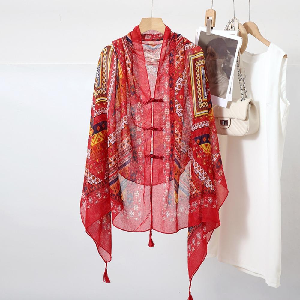 Tassels Sunscreen Scarf Shawl Knot Button National Style Cloak Fashion Cardigan Cape  Outdoor