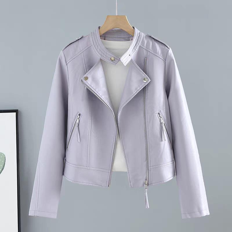 

Женская байкерская куртка из искусственной кожи - Приталенная, Круглый вырез, Короткая длина, Корейский стиль для весны и осени Small лаванды фиолетового
